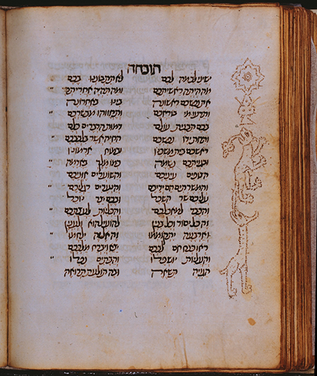Micrography adorning the tokhaḥah (self-rebuke) “ישני לב מה לכם” (Oh you whose hearts sleep, what is wrong that you do not inspect yourselves?) by Rabbi Avraham ibn Ezra, fols. 86r/85v, Catalan Micrography Maḥzor. Barcelona, 1336–1346, National Library of Israel, Heb 8º6527, Jerusalem.