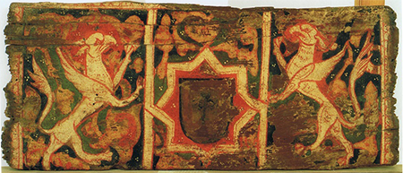 Wooden ceiling, detail Palau Caldes (Palau Berenguer d’Aguilar). Rampant griffons holding heraldic sign set in eight-point star (rubʿal-ḥizb), Barcelona, ca. 1300, MANAC.