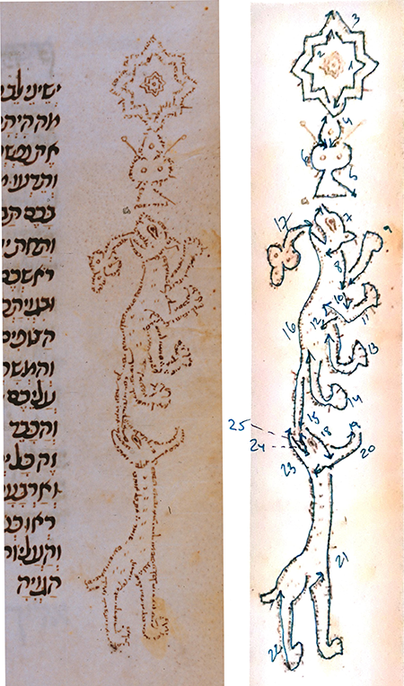 Catalan Micrography Maḥzor, fol. 85v, micrography margin decoration and flow chart.
