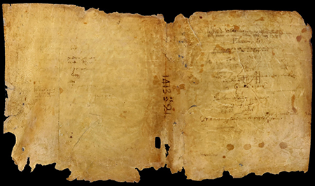 Reverso del pergamino de la ketubá de Girona 3, en el que se aprecia su reutilización como cubierta de un libro. Fotografía: ©AHG