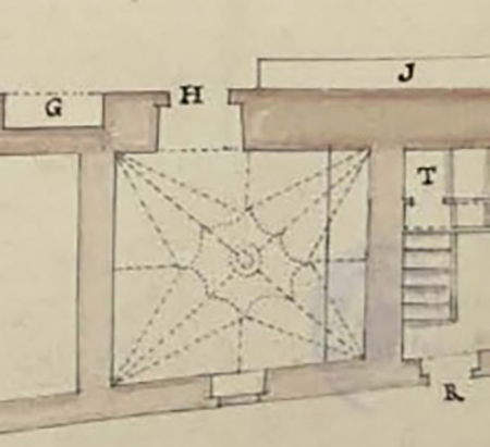 Detalle de la bóveda de la sacristía de la iglesia de San Benito, en el plano de la sinagoga llamada del Tránsito realizado por Santiago Palomares y publicado en el libro De Toletano Hebraeorum Templo.