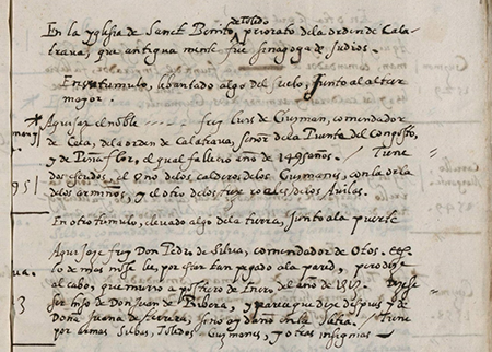 Detalle del manuscrito de Esteban de Garibay con la descripción de las lápidas de frey Luis de Guzmán y frey Pedro de Silva.