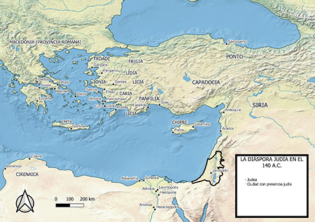 Mapa de la diáspora judía en torno al 140 a. C. a partir de los datos proporcionados por el primer libro de los Macabeos, la epigrafía y otras fuentes. Elaboración propia a partir de QGIS, Natural Earth y Ancient World Mapping Center.
